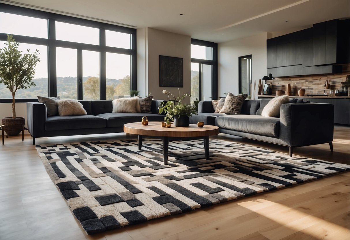 A modern geometric rug in a spacious, well-lit living room with contemporary furniture and minimalistic decor