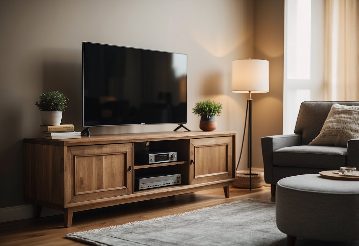 A vintage wooden media console sits against a wall in a cozy second living room, adorned with decorative items and surrounded by comfortable seating