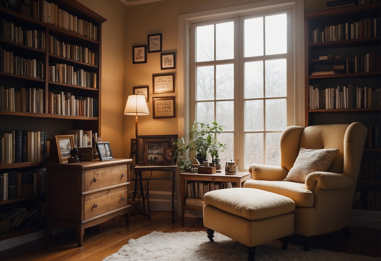 A cozy reading nook with a large window, a plush armchair, and a bookshelf filled with books. A small side table holds a warm lamp and a cup of tea