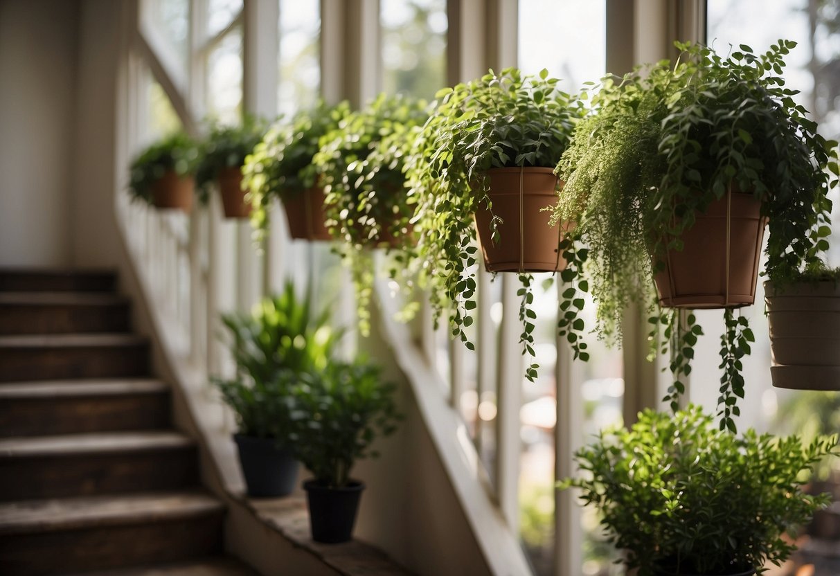 A row of hanging planters adorns a stairway, adding a touch of greenery and natural beauty to the second-floor home decor