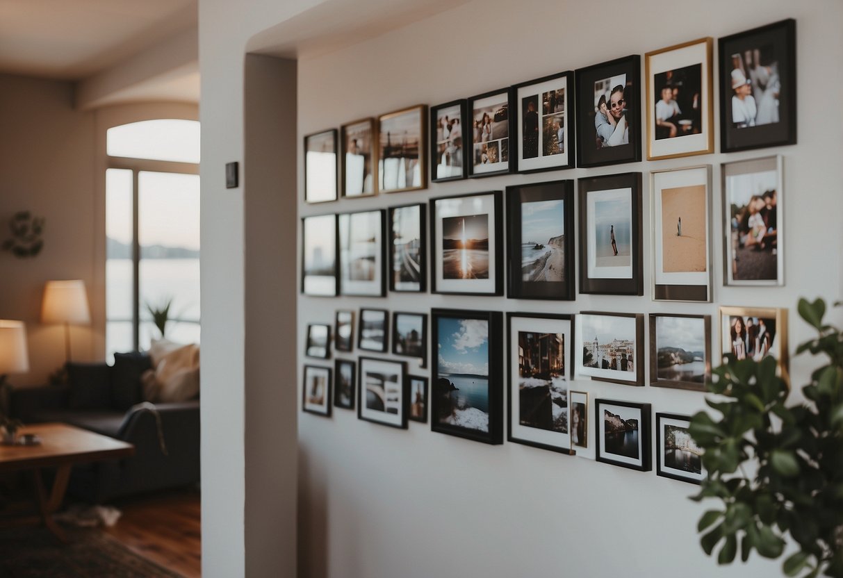 A gallery wall of personal photos adorns a second-floor home, creating a cozy and personalized atmosphere