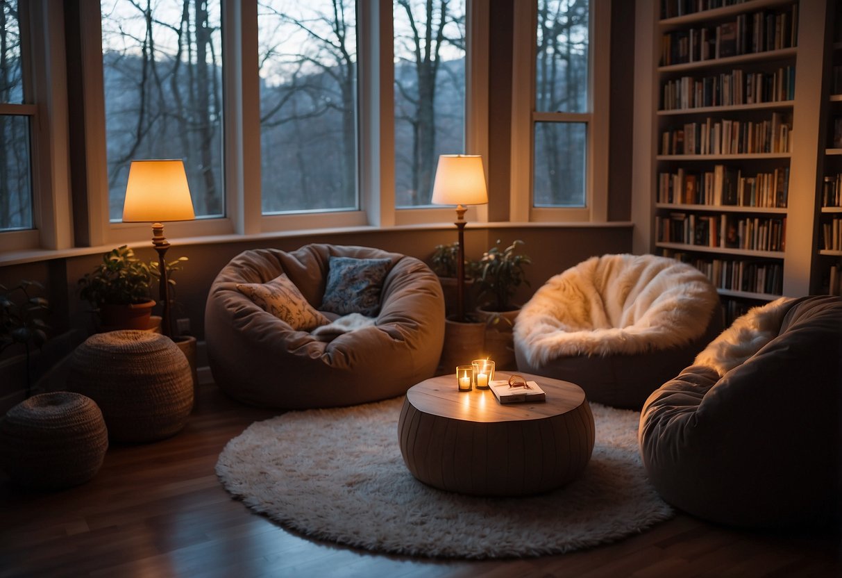 A cozy reading nook on the second floor, featuring bean bag chairs and warm lighting