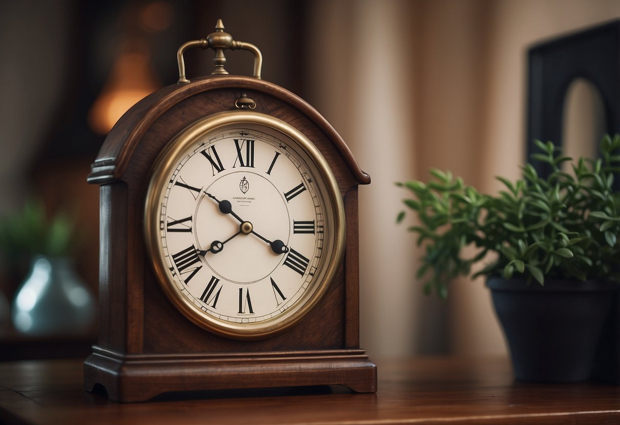 An antique wall clock hangs in a cozy second-floor room, surrounded by vintage decor and soft natural light