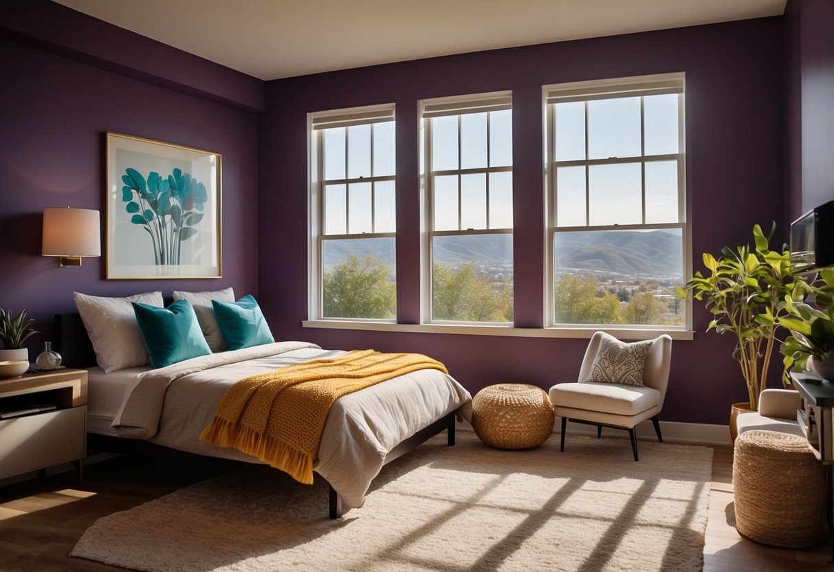 A second-floor room with a bold accent wall in vibrant colors, contrasting with neutral furnishings and natural light streaming in from large windows