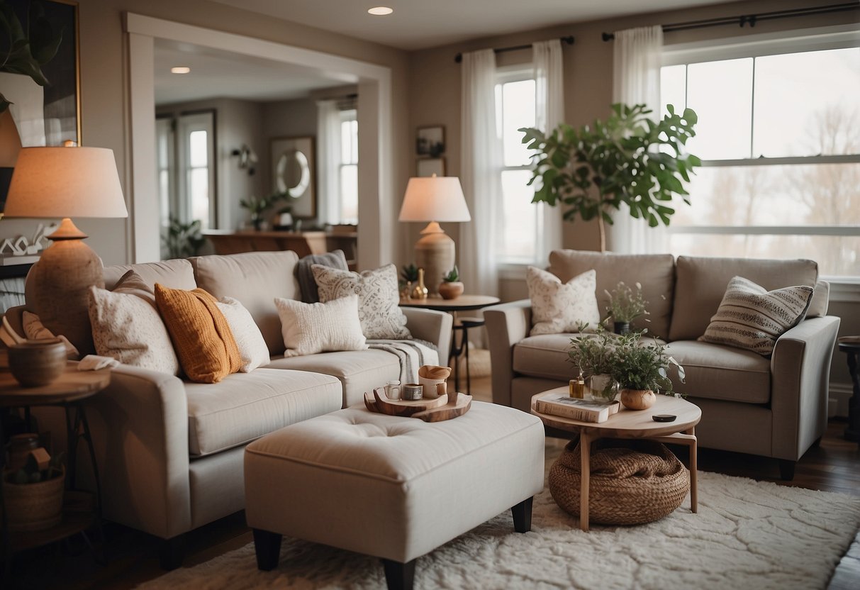 A cozy second-floor living room with handcrafted throw pillows scattered on a plush sofa and armchairs, adding warmth and style to the home decor