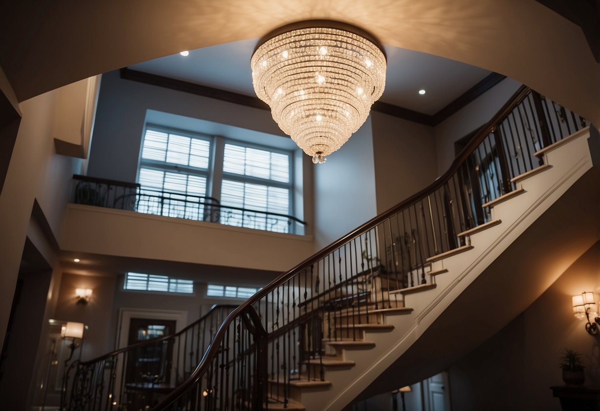 A modern chandelier hangs above a sleek staircase, casting a warm glow on the second floor landing. Subtle sconces line the walls, adding a touch of elegance to the space