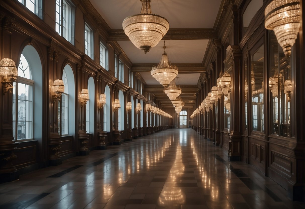 A long hallway lined with ornate mirrors and decorative sconces, leading to a grand staircase on the second floor