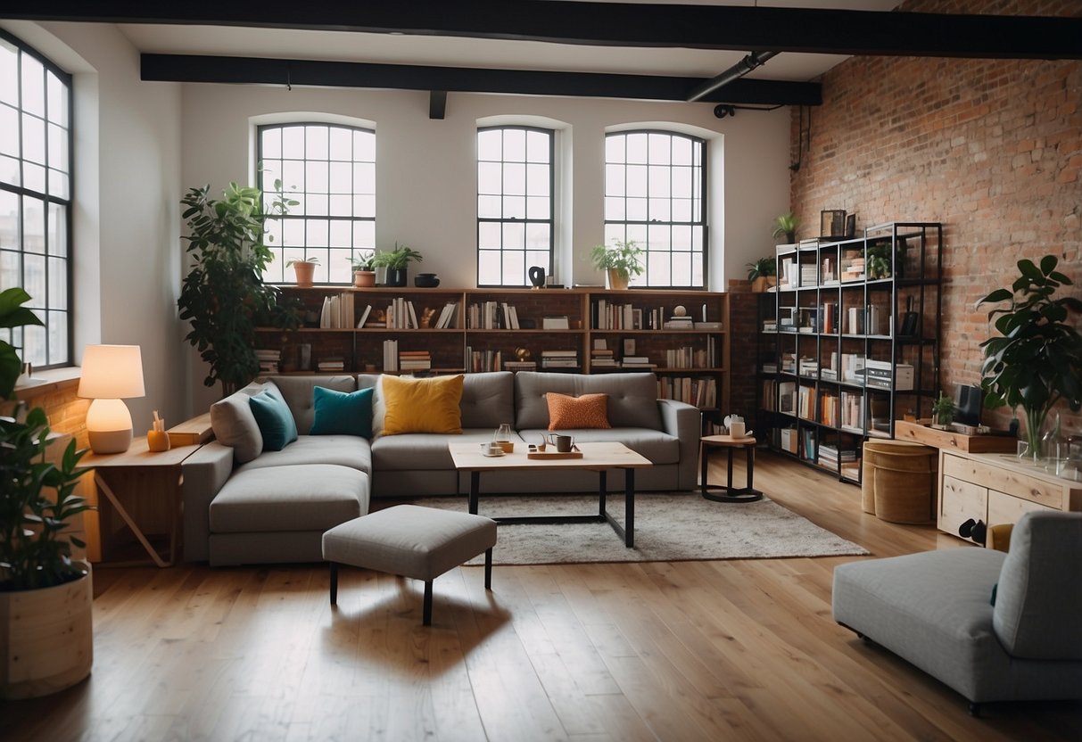 A loft space with a convertible sofa bed, foldable desks, and storage ottomans. A bookshelf doubles as a room divider. Bright, airy, and clutter-free