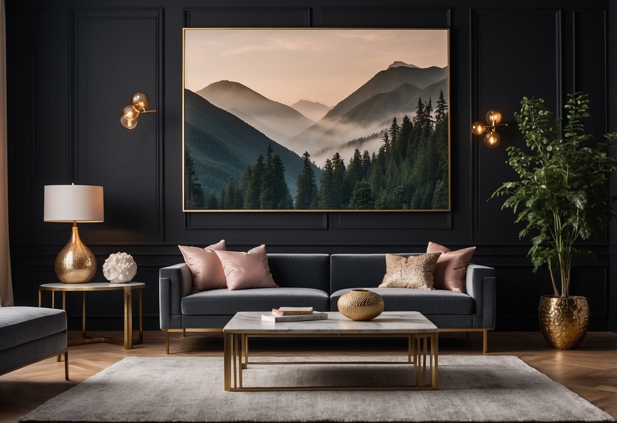 A modern living room with a large statement wall art, plush velvet furniture, and a marble coffee table with a decorative vase and candles