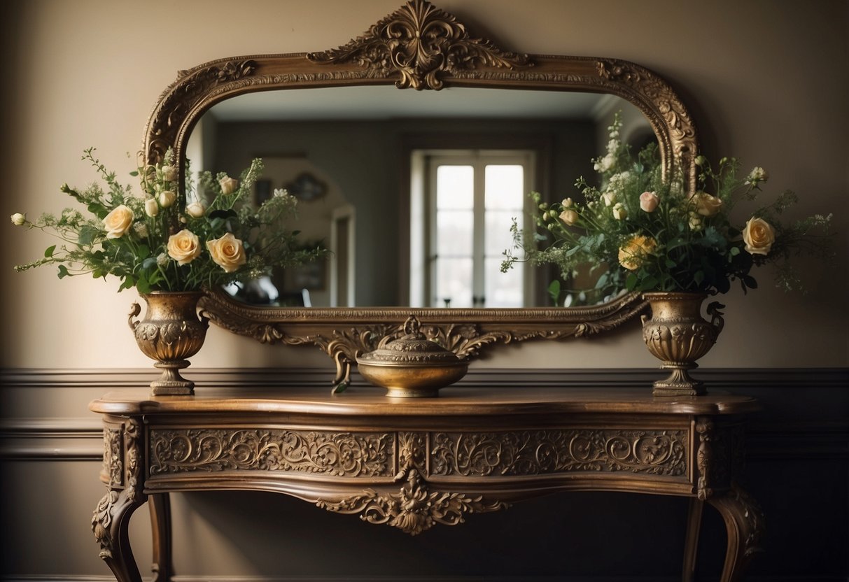 An ornate antique wall mirror hangs above a vintage console table, reflecting the intricate details of the surrounding decor