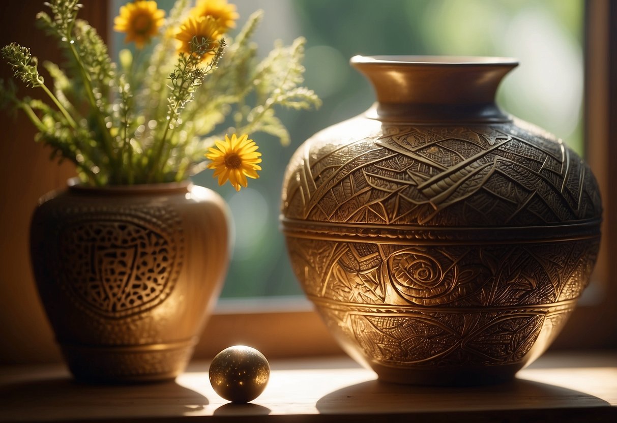 A handcrafted ceramic vase sits on a wooden shelf, surrounded by other home decor items. The sunlight streams through the window, casting a warm glow on the intricate patterns of the vase