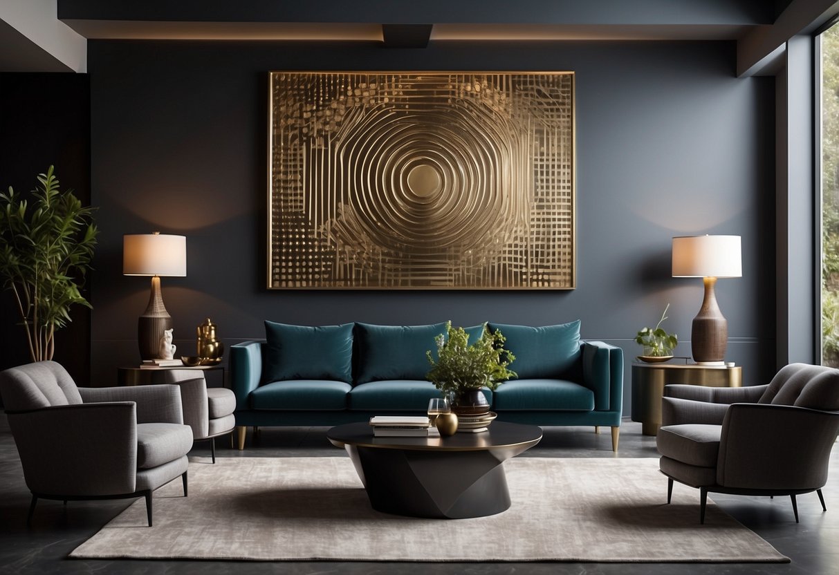 A sleek metal wall art piece hanging in a modern living room. Geometric shapes and abstract designs create a striking focal point for the decor