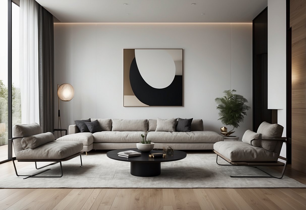 A modern living room with clean lines, minimalistic furniture, and a neutral color palette. A statement showpiece decor piece, such as a large abstract sculpture or a unique wall art installation, serves as the focal point of the room