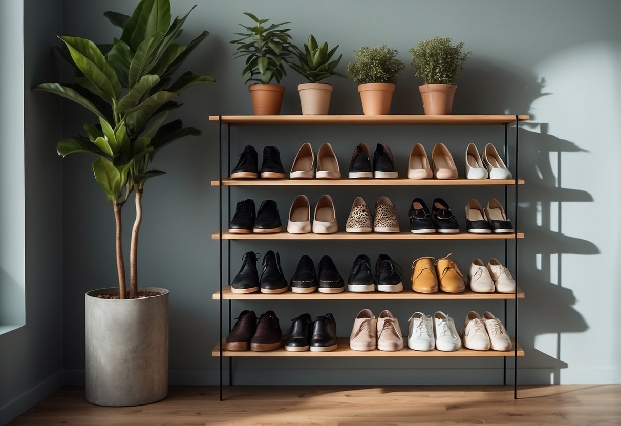 A shoe rack stands against a wall, neatly organizing various pairs of shoes. The decor includes potted plants and a small decorative mirror