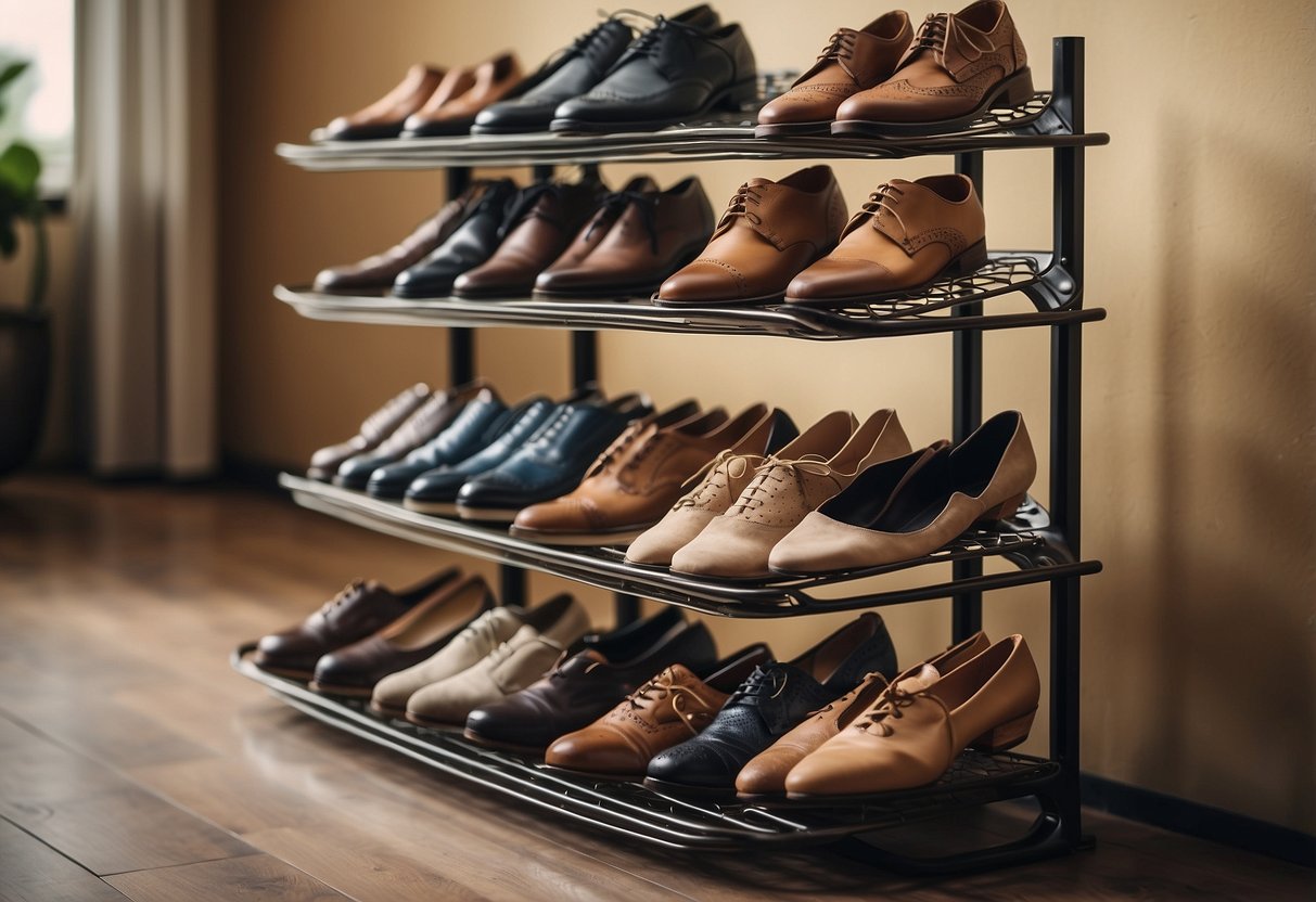 A tiered metal shoe organizer stands against a wall, neatly displaying various pairs of shoes. The rack is a stylish addition to the room's decor