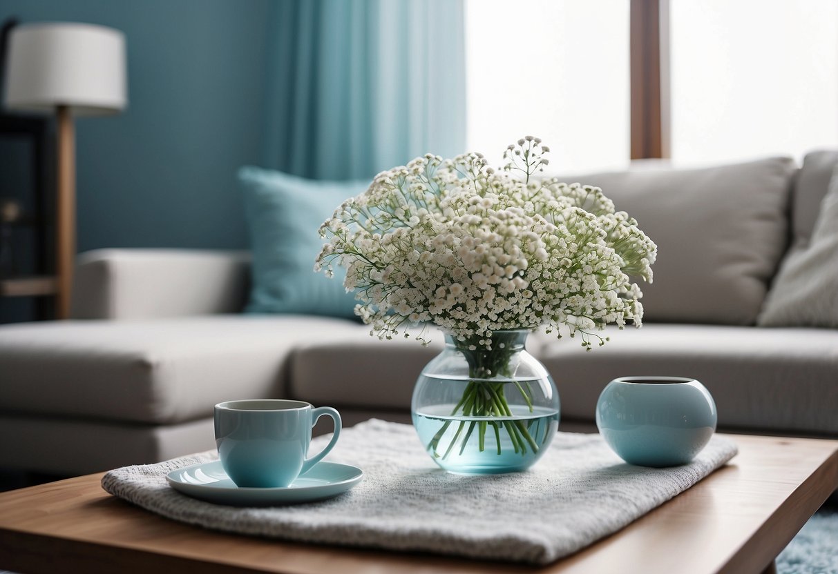 A living room with sky blue throw pillows on a white couch, a light blue rug, and a vase of baby's breath flowers on a side table