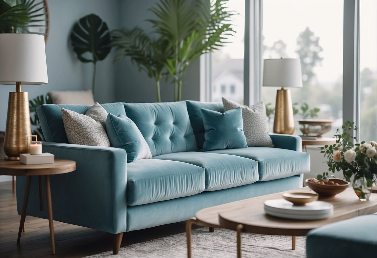 A sky blue velvet sofa sits in a bright, airy living room, accented with matching throw pillows and surrounded by modern home decor