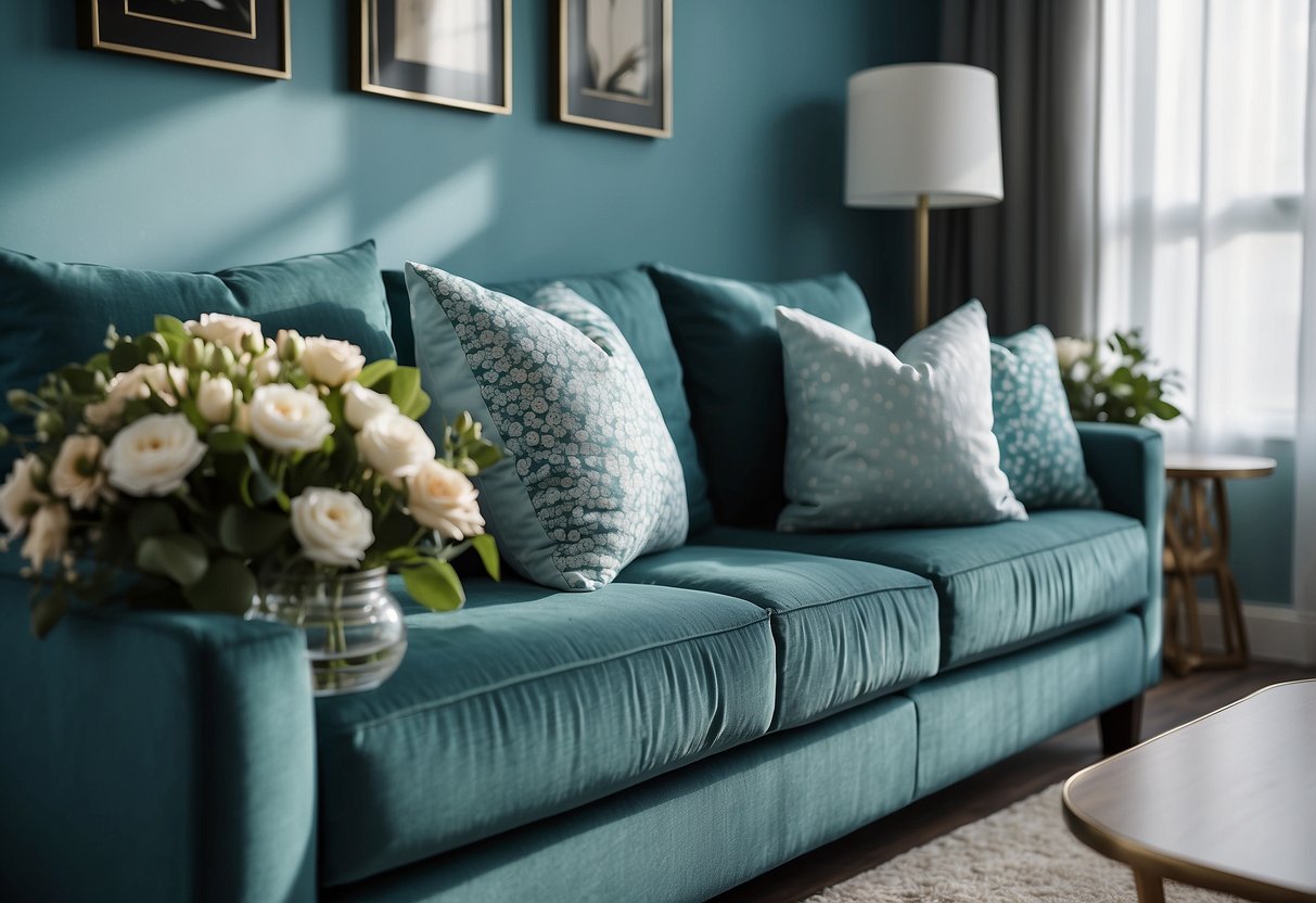 Three teal throw pillows arranged on a sky blue couch, with matching curtains and a vase of flowers