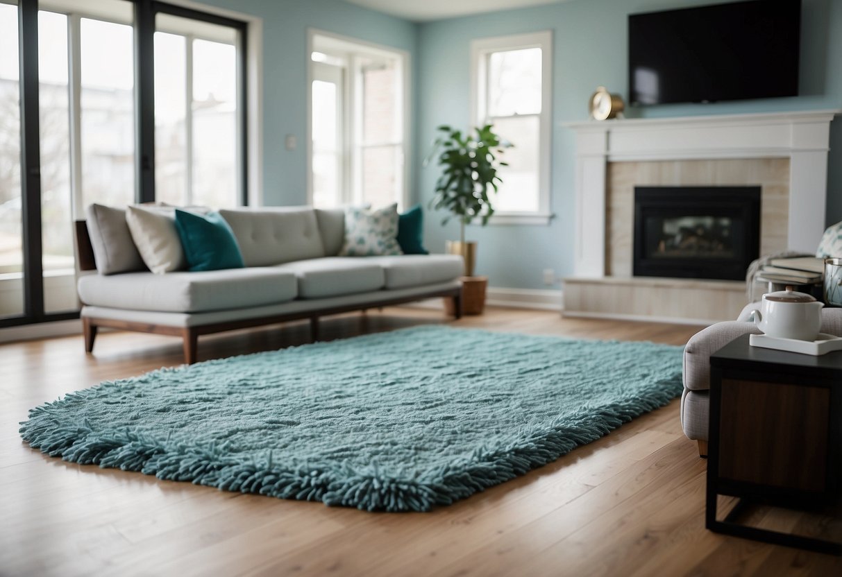 A sky blue accent rug sits in a modern living room, adding a pop of color to the space