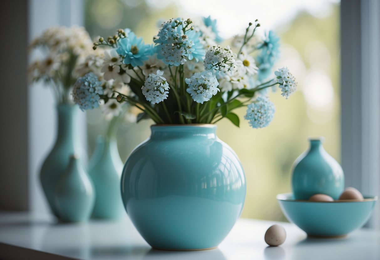 A robin's egg blue ceramic vase sits on a white table, surrounded by sky blue home decor accents