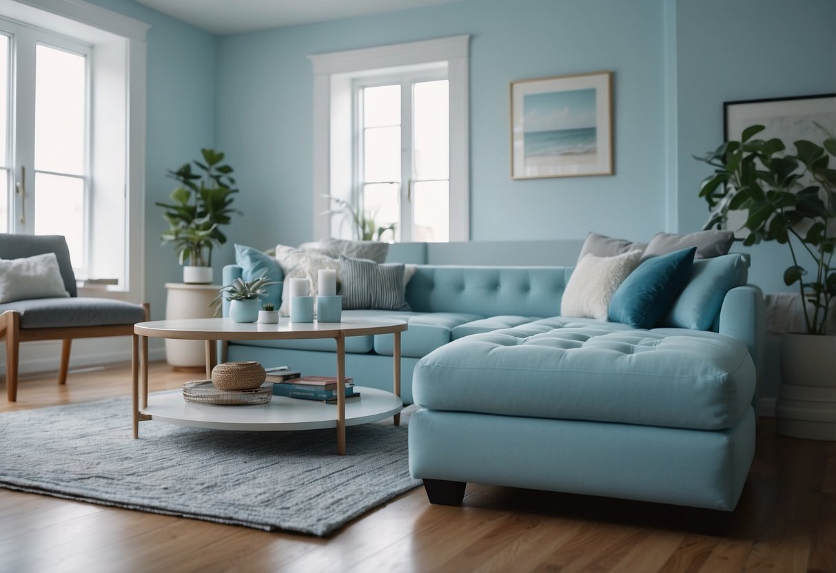 A cozy living room with a baby blue ottoman as the focal point, complemented by sky blue home decor accents