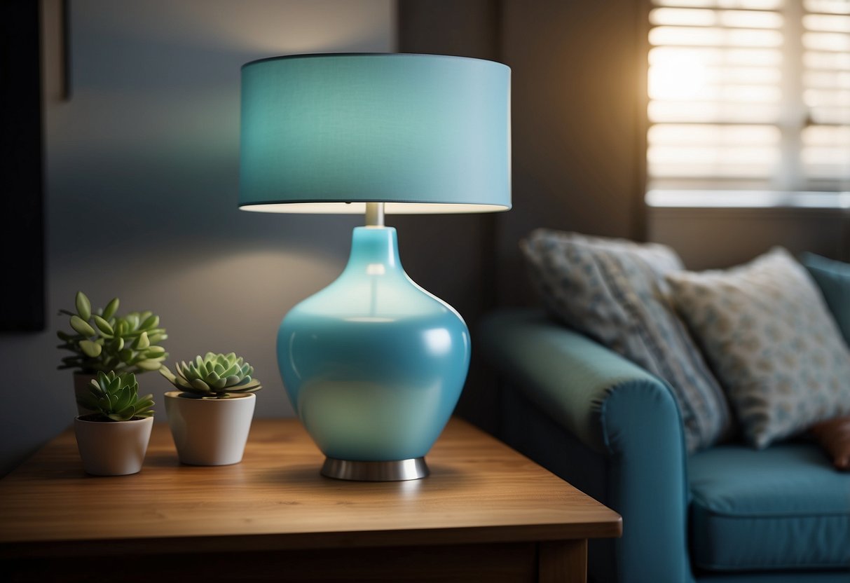 A sky blue table lamp sits on a wooden table, casting a soft azure glow in a cozy home setting