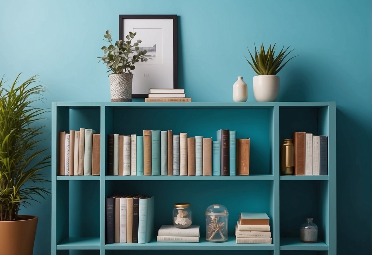 A turquoise bookshelf stands against a sky blue wall, adorned with home decor ideas