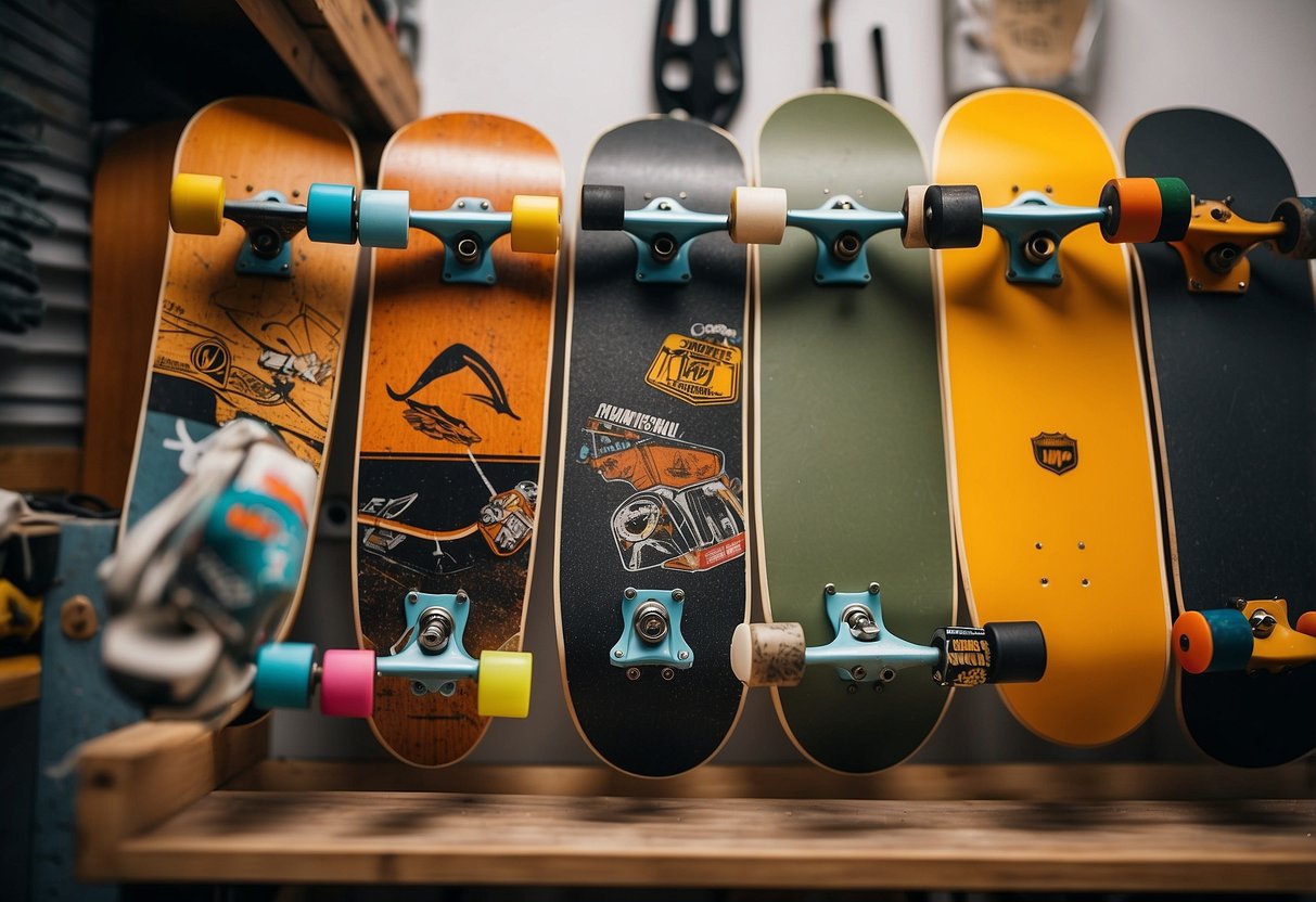 A skateboard mounted as a shelf, with skate decks as wall art and a rug with a skate ramp design