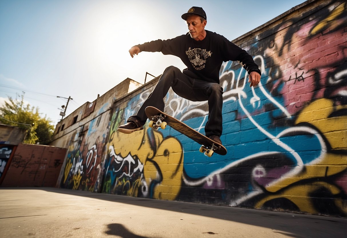 A skateboarder performing a kickflip over a graffiti-covered wall, with Tony Hawk's iconic silhouette and signature incorporated into the artwork