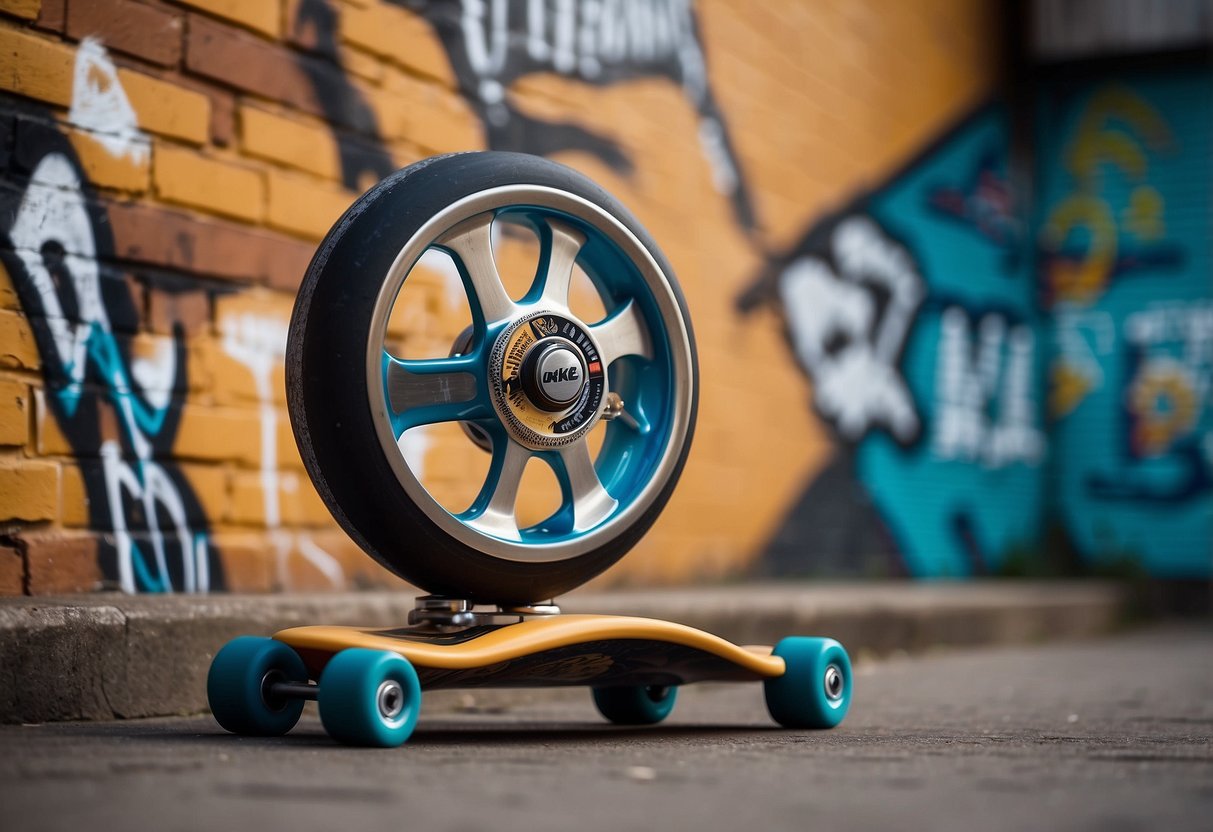 A skateboard wheel clock mounted on a brick wall with skateboards and graffiti in the background