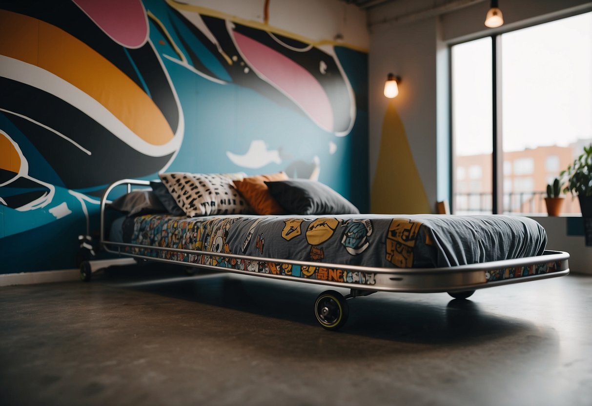 A sleek, metal bed frame shaped like a half pipe, adorned with skateboarding-themed bedding and wall art. A skateboard leans against the wall, completing the skater-inspired decor