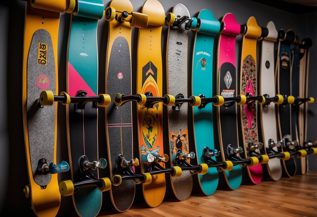 A row of skateboard decks mounted on a wall, each serving as a coat rack with hooks for hanging items