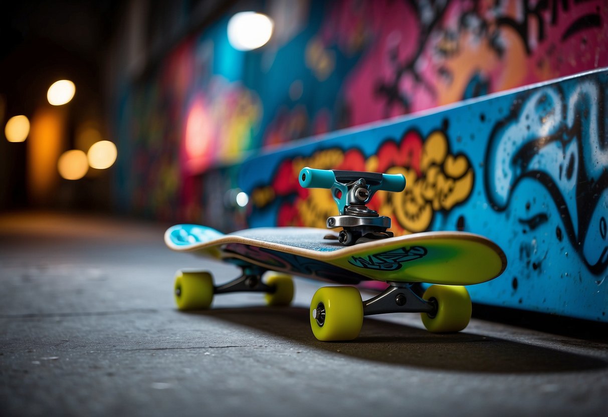 A skateboard with LED lights mounted on a wall as home decor. Bright colors and graffiti-style designs add a skater vibe to the room