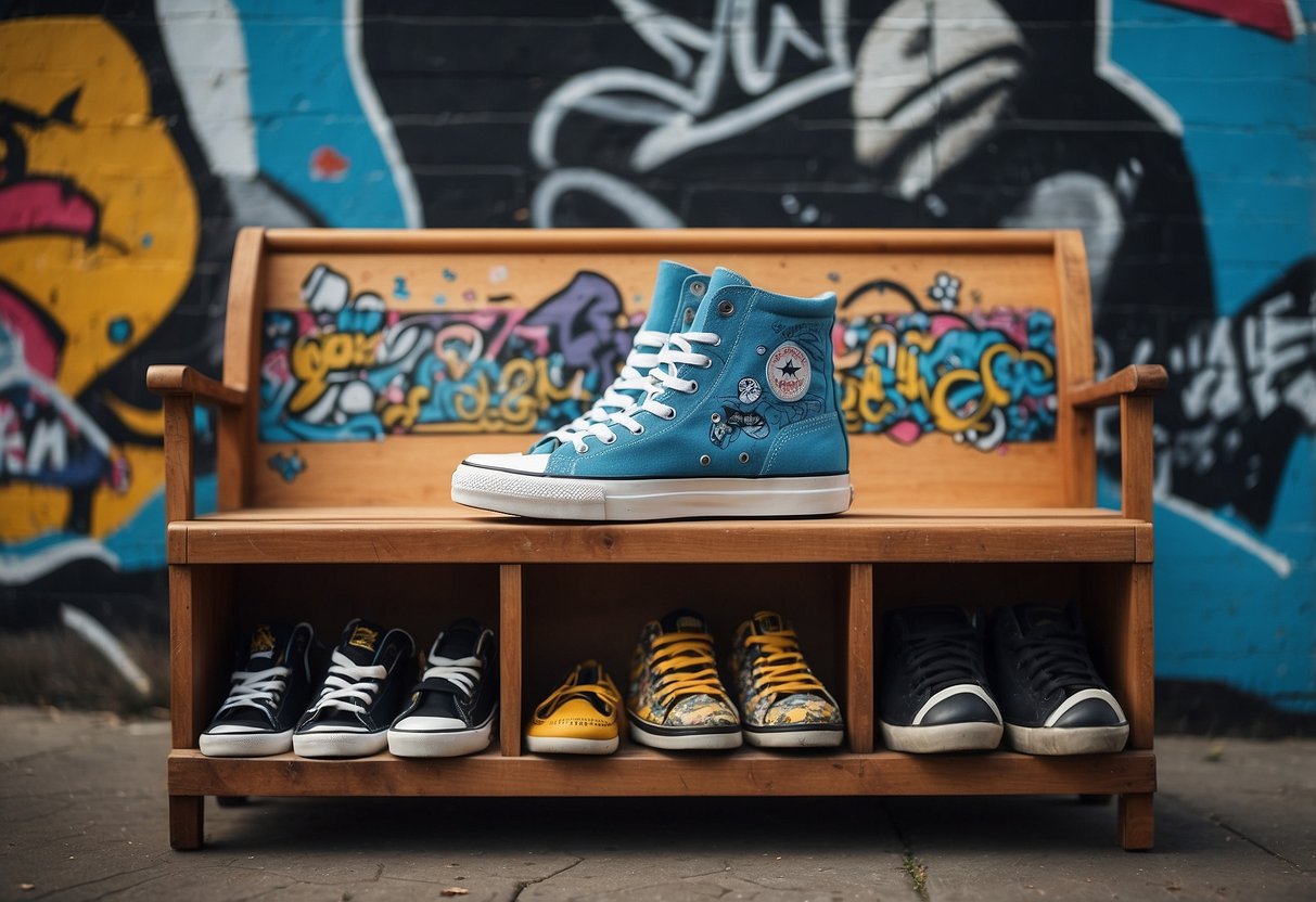 A shoe storage bench with skater-themed decor, featuring skateboard motifs and graffiti art