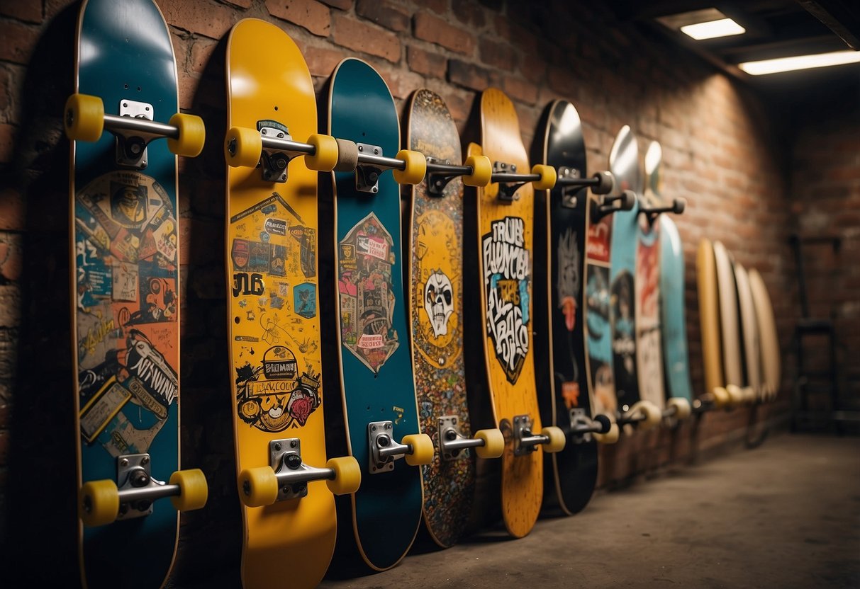 A skateboard deck mounted on a wall as a shelf, with graffiti art and vintage skateboards displayed around the room