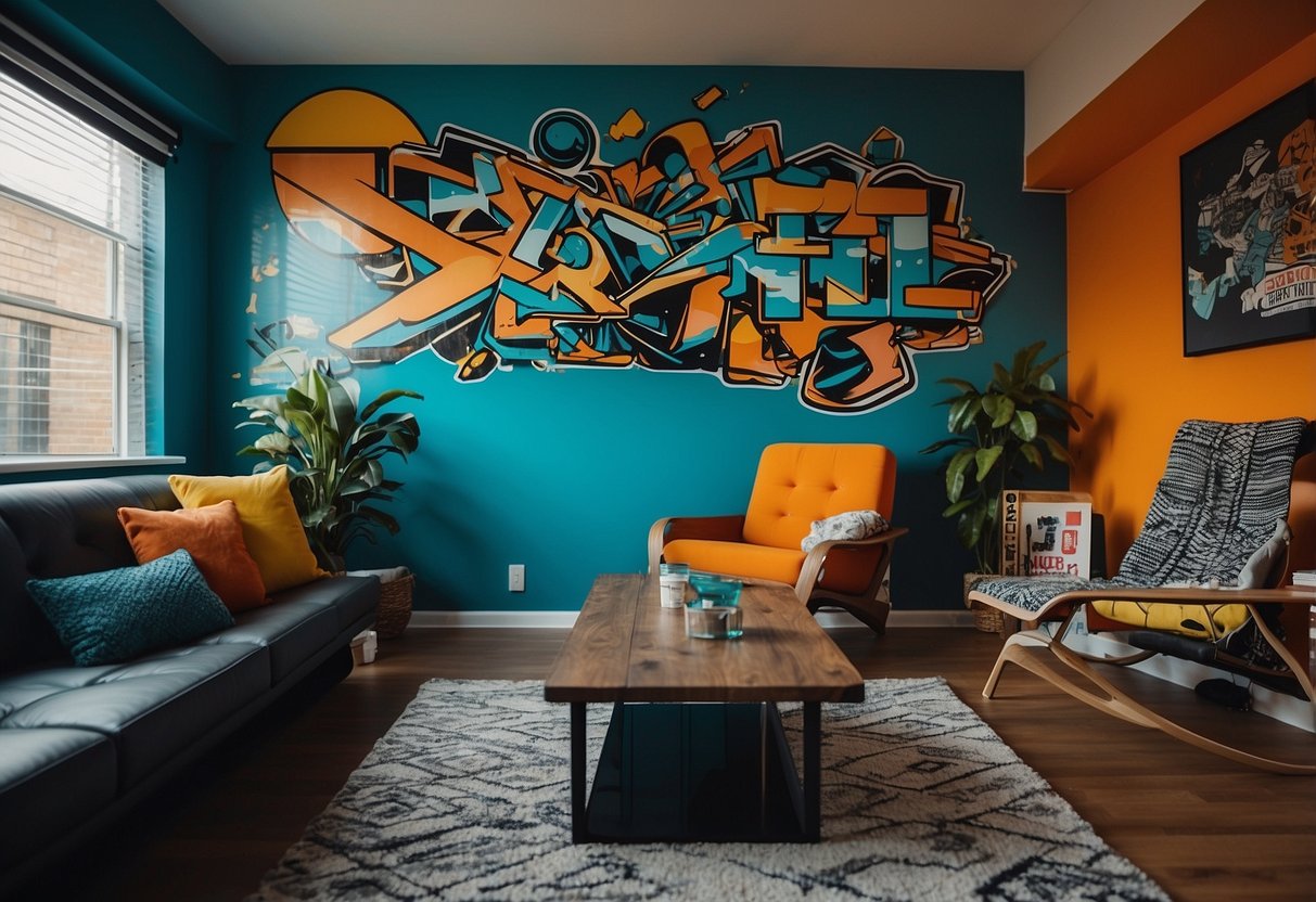 A living room with a graffiti mural, skateboard wall art, and furniture in bold colors like teal, orange, and black. A rug with a geometric pattern and throw pillows in skateboarding motifs complete the look