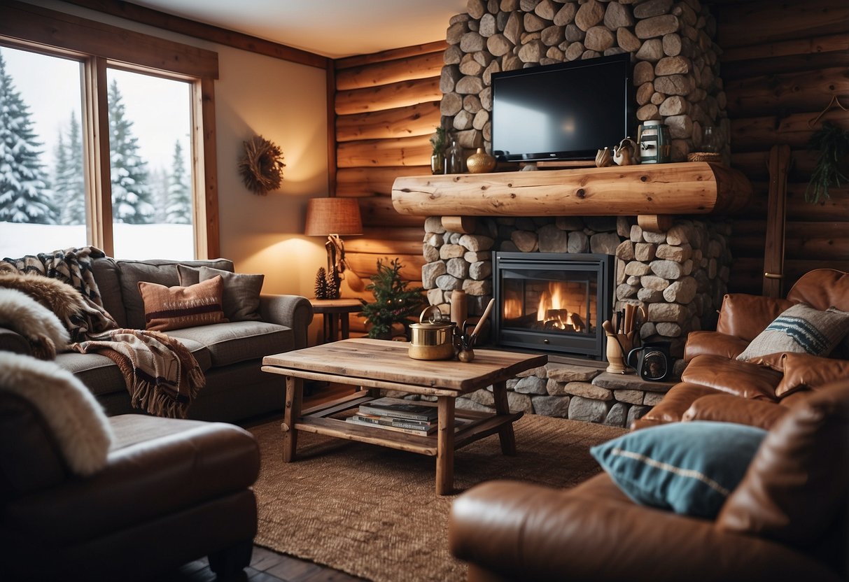 A cozy living room with a fireplace, adorned with vintage ski equipment, snowflake-patterned throw pillows, and a rustic wooden ski rack on the wall