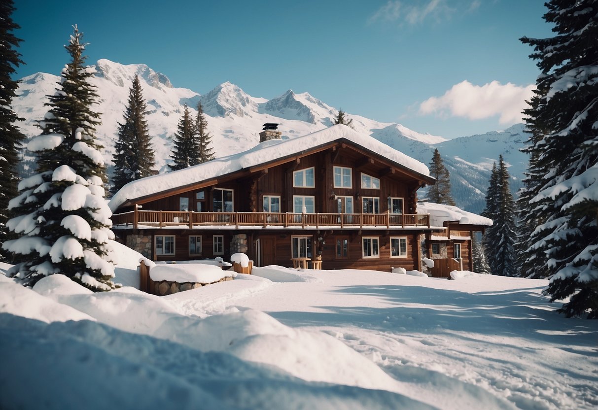 A snowy mountain landscape with a cozy ski lodge, surrounded by pine trees, and vintage ski posters adorning the walls