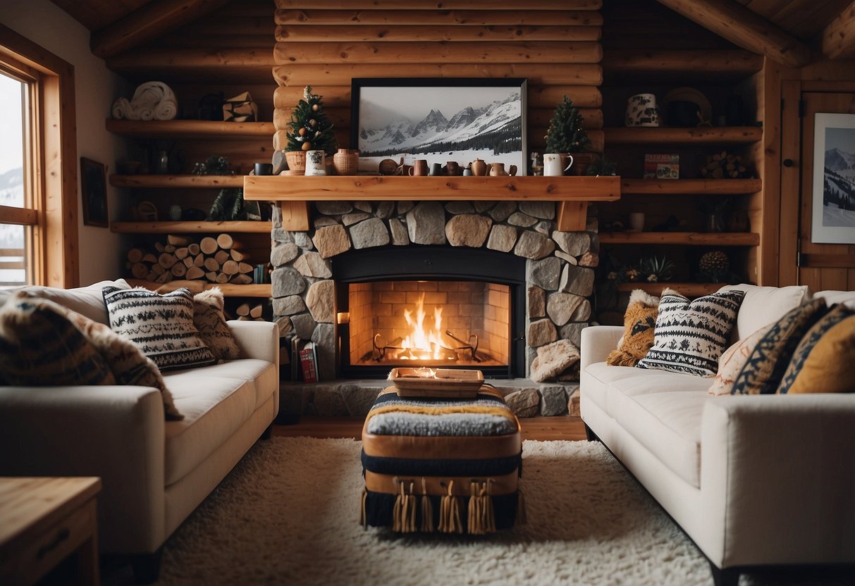 A cozy living room with a roaring fireplace, adorned with ski-themed throw pillows on a plush sofa, surrounded by vintage ski equipment and snowy mountain artwork