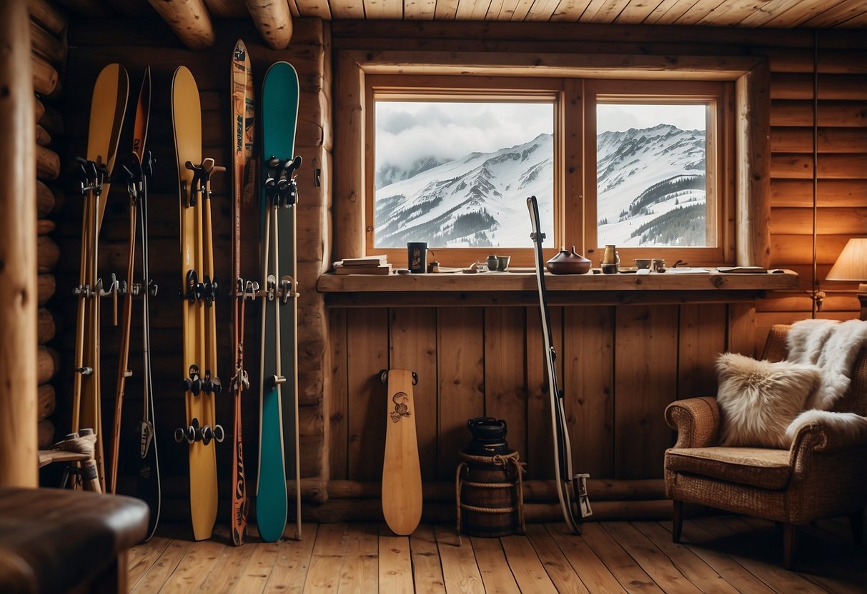 A rustic wooden ski mounted on a wall, surrounded by vintage ski equipment and framed by a cozy cabin interior