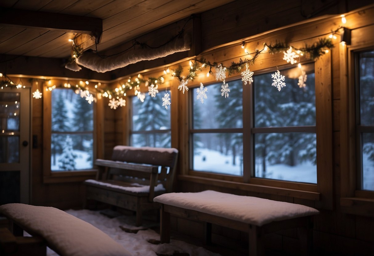 Snowflake string lights drape around a cozy ski lodge, casting a warm glow on the snowy exterior. A rustic and festive home decor idea