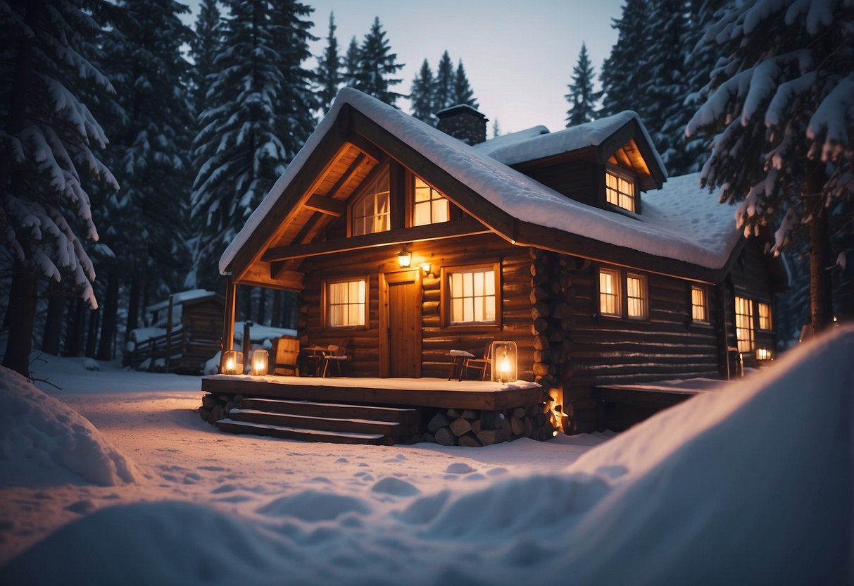 A cozy cabin nestled in a snowy forest, with skis propped against the wall and a warm fire glowing inside