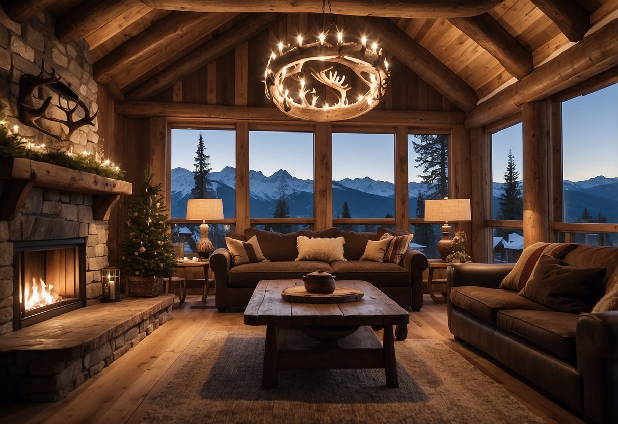 A cozy ski chalet with antler chandeliers hanging from the high wooden ceiling, casting a warm glow over the rustic decor