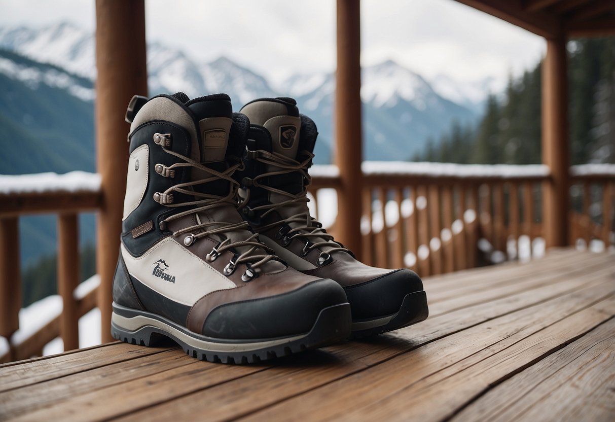 Ski boot planters arranged on a wooden porch with snowy mountains in the background