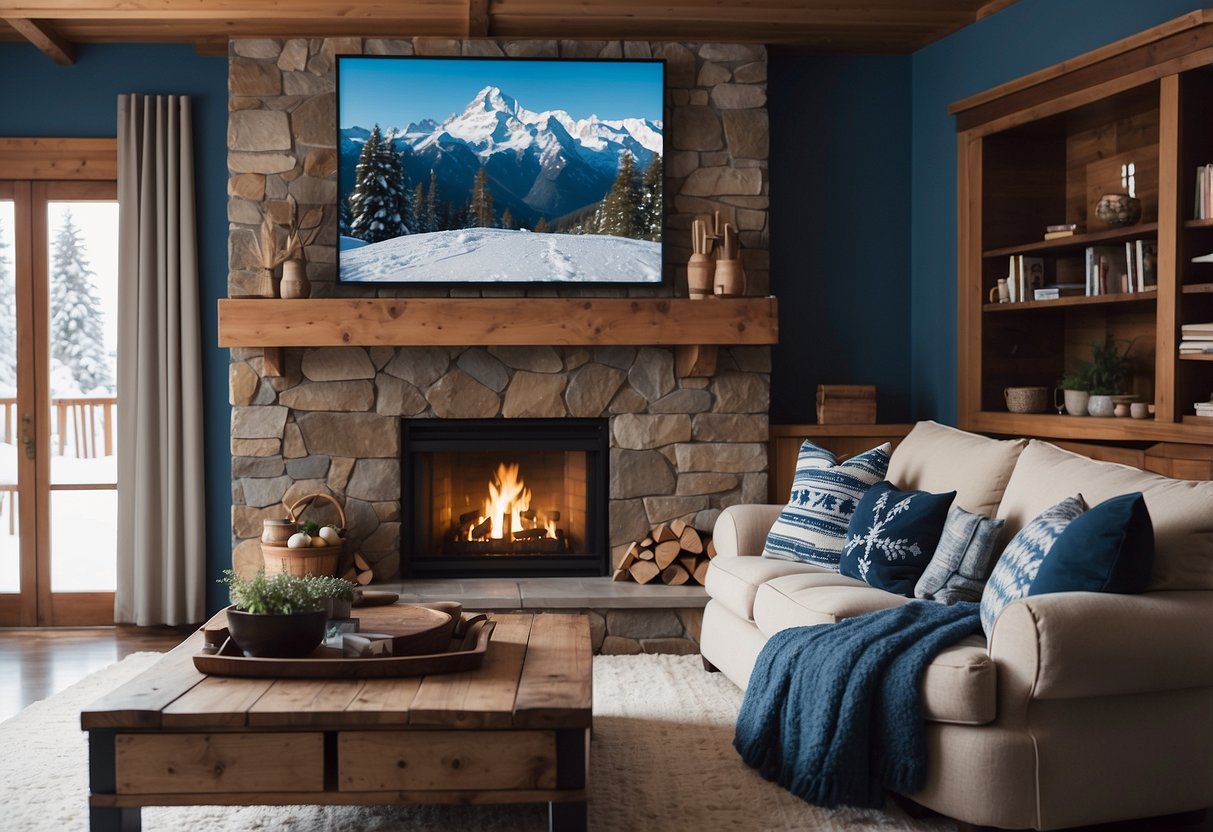 A cozy living room with a fireplace, adorned with ski-themed decor in shades of blue, white, and wood tones. Snowy mountain landscape artwork hangs on the wall, complementing the overall color palette