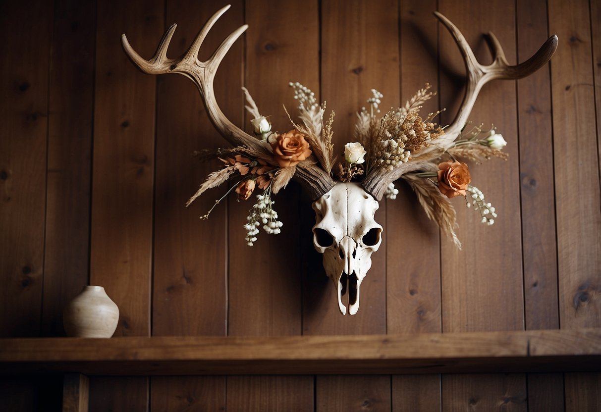 A deer skull hangs on a wood-paneled wall, adorned with dried flowers and feathers. Soft lighting casts shadows, creating a rustic and cozy atmosphere