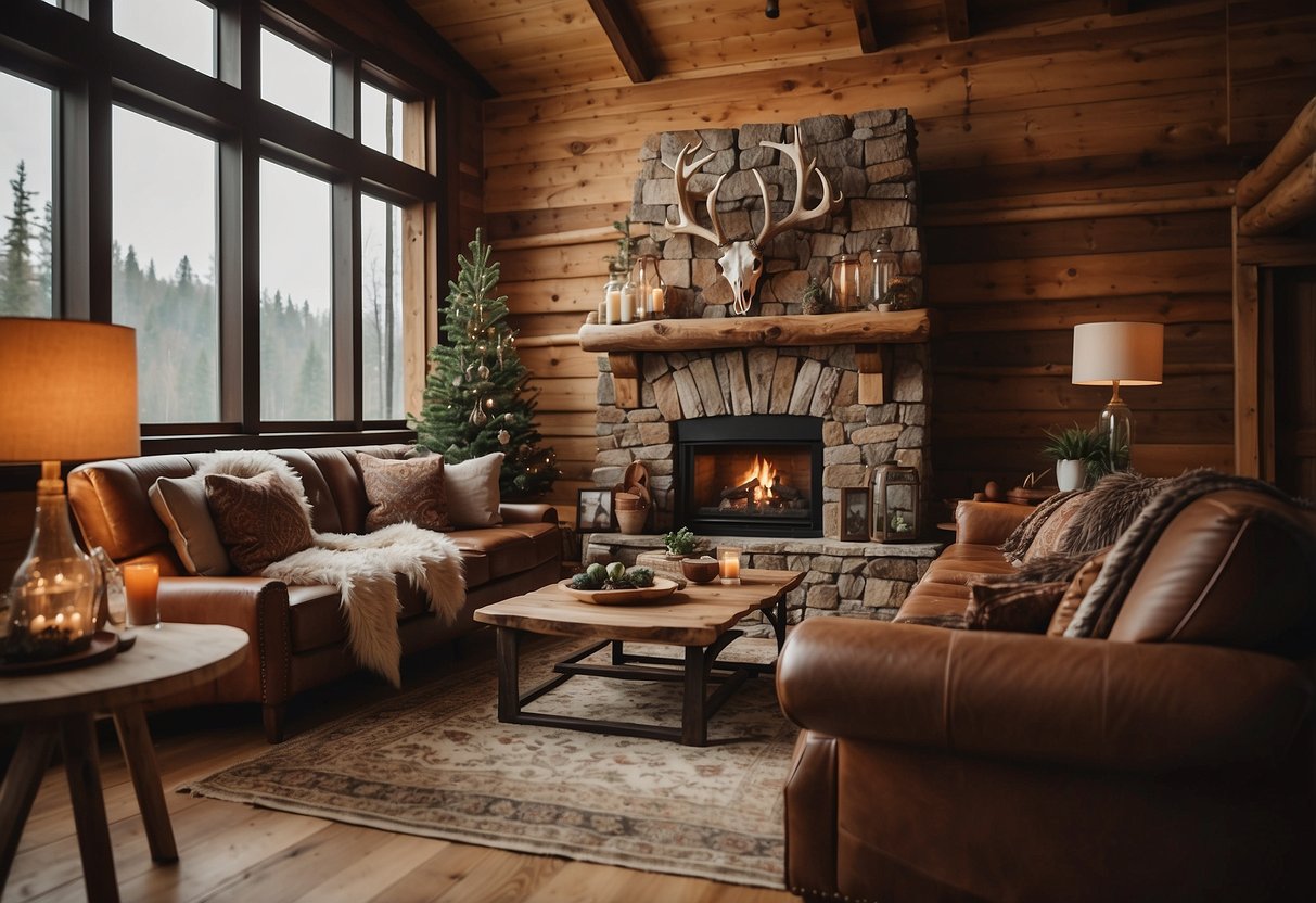 A rustic living room with a vintage antler wall mount deer skull as the focal point, surrounded by warm wood furnishings and cozy decor