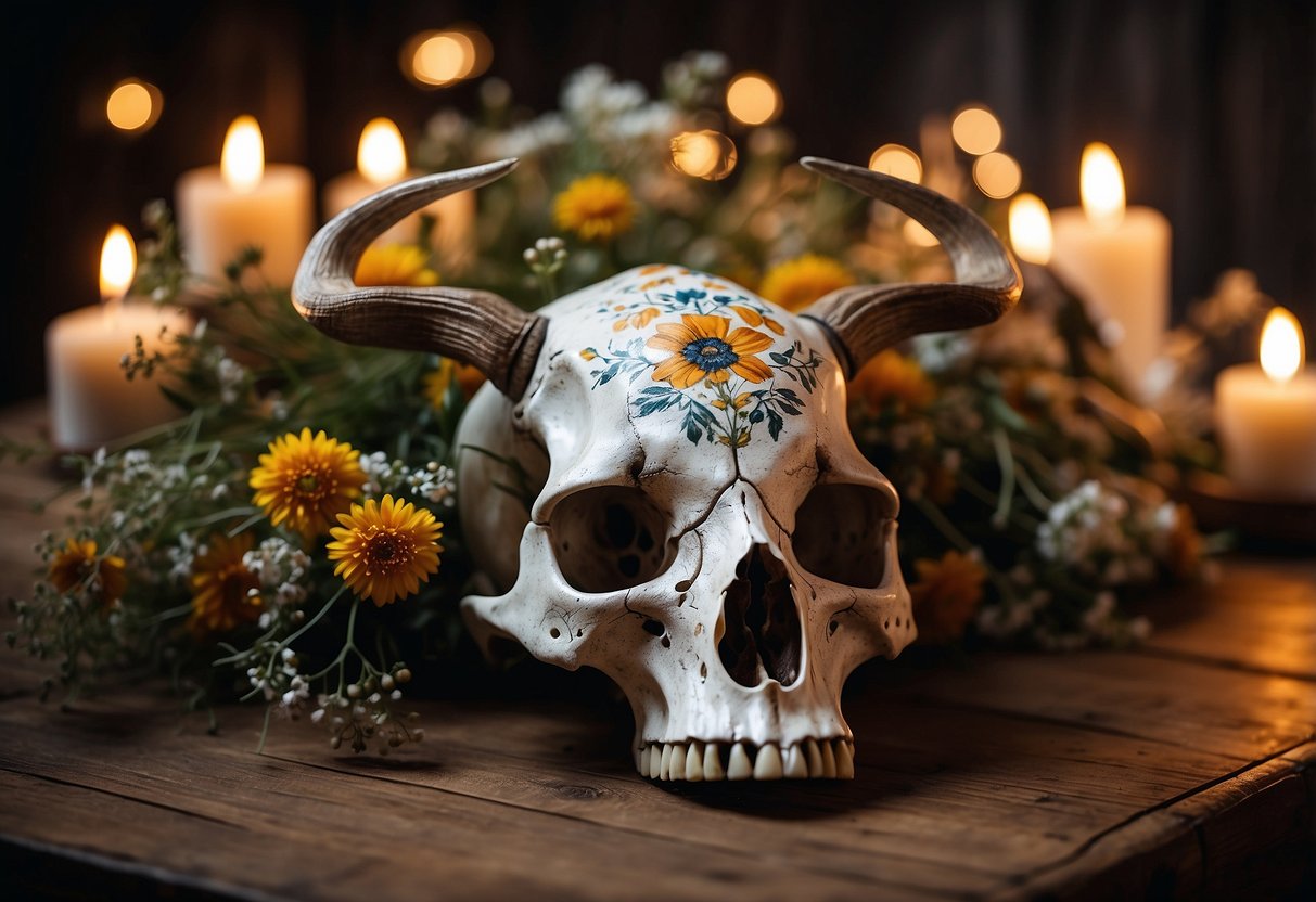 A deer skull adorned with hand-painted floral patterns serves as a striking centerpiece on a rustic wooden table, surrounded by flickering candles and dried wildflowers