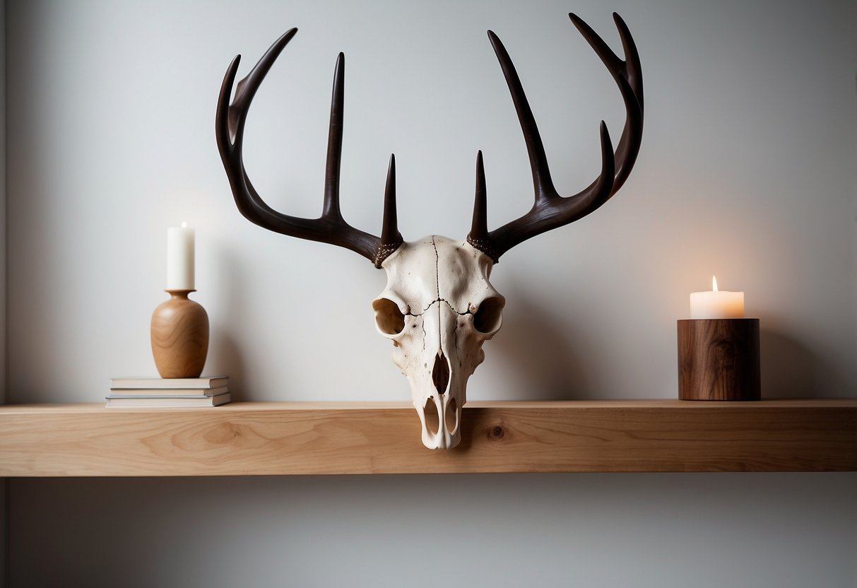 A deer skull rests on a simple wooden shelf against a white wall. Clean lines and minimalistic design create a modern home decor aesthetic