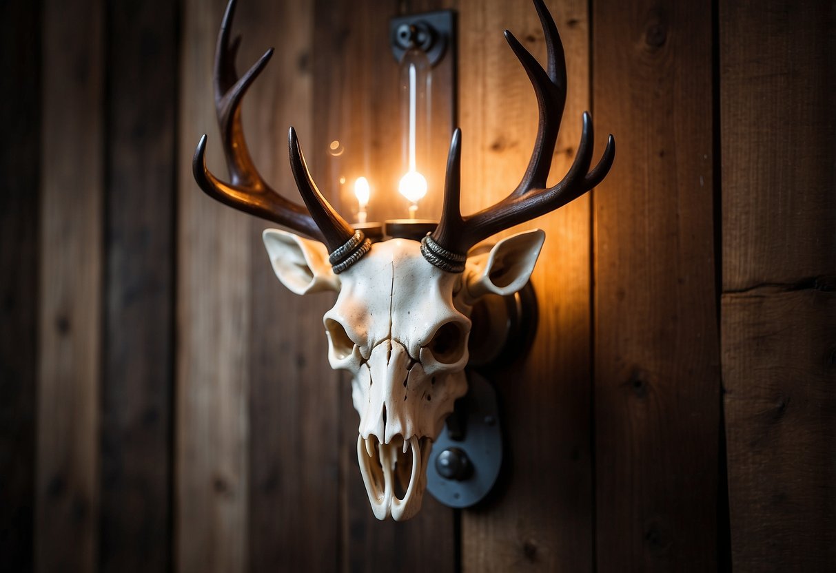 A deer skull wall sconce hangs on a rustic wooden wall, casting a warm glow in a cozy cabin interior